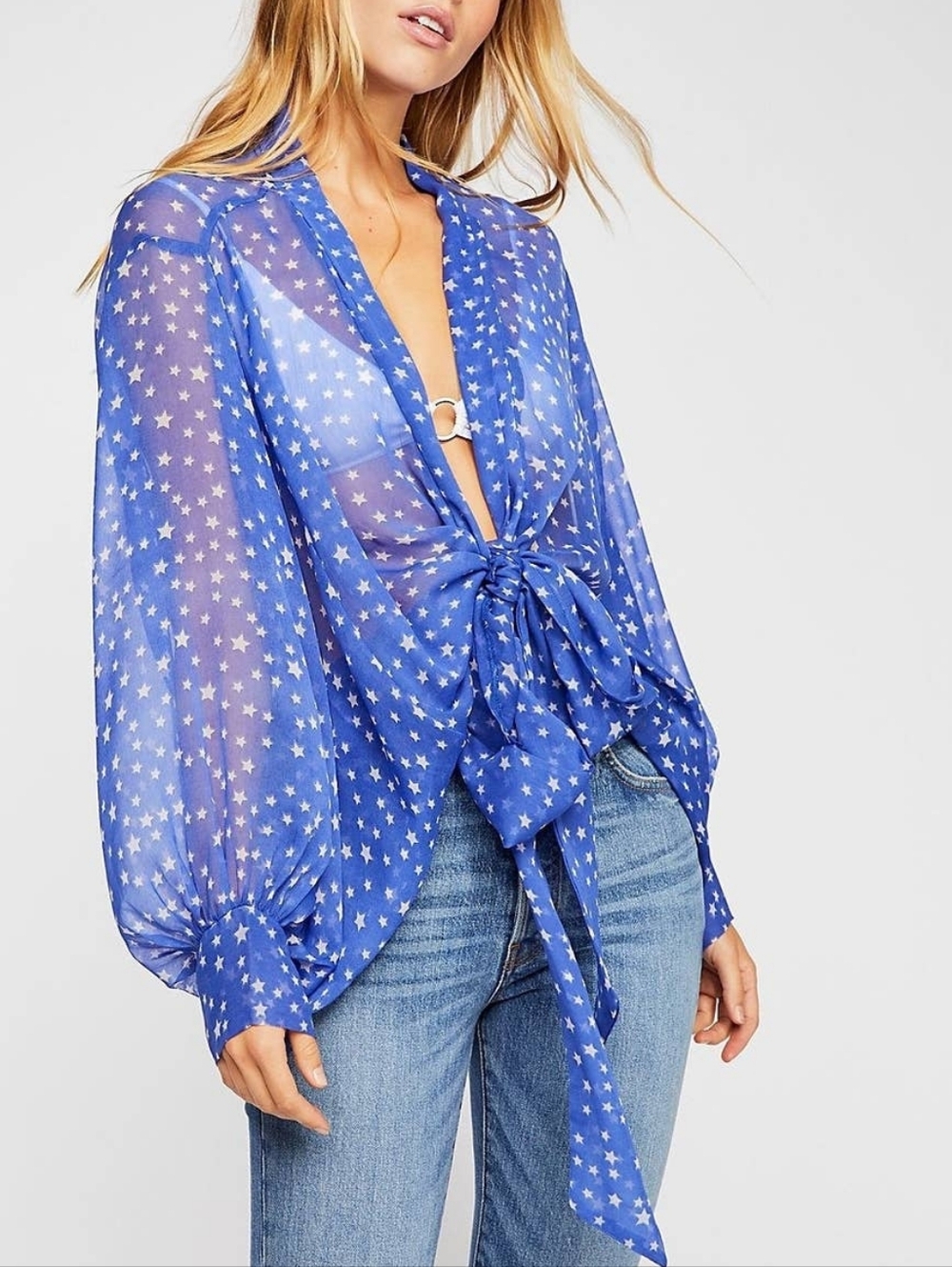 Free People Star Dazed Tie Front Kimono One Size Blue Sheer Festival Beach